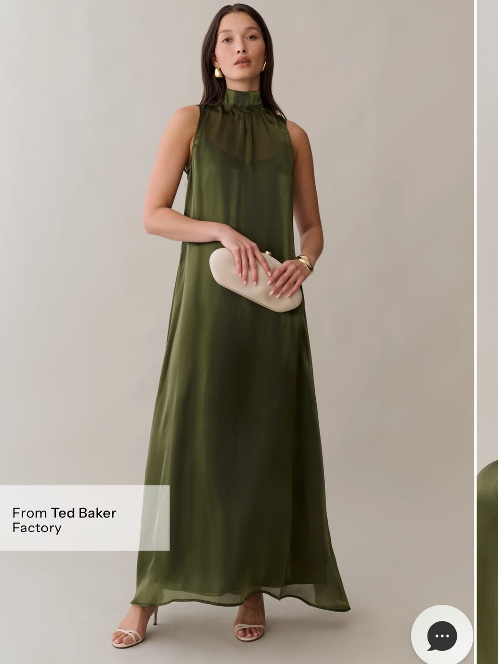 Few Moda Alette Maxi dress with high neck and bow back- olive shimmer fabric